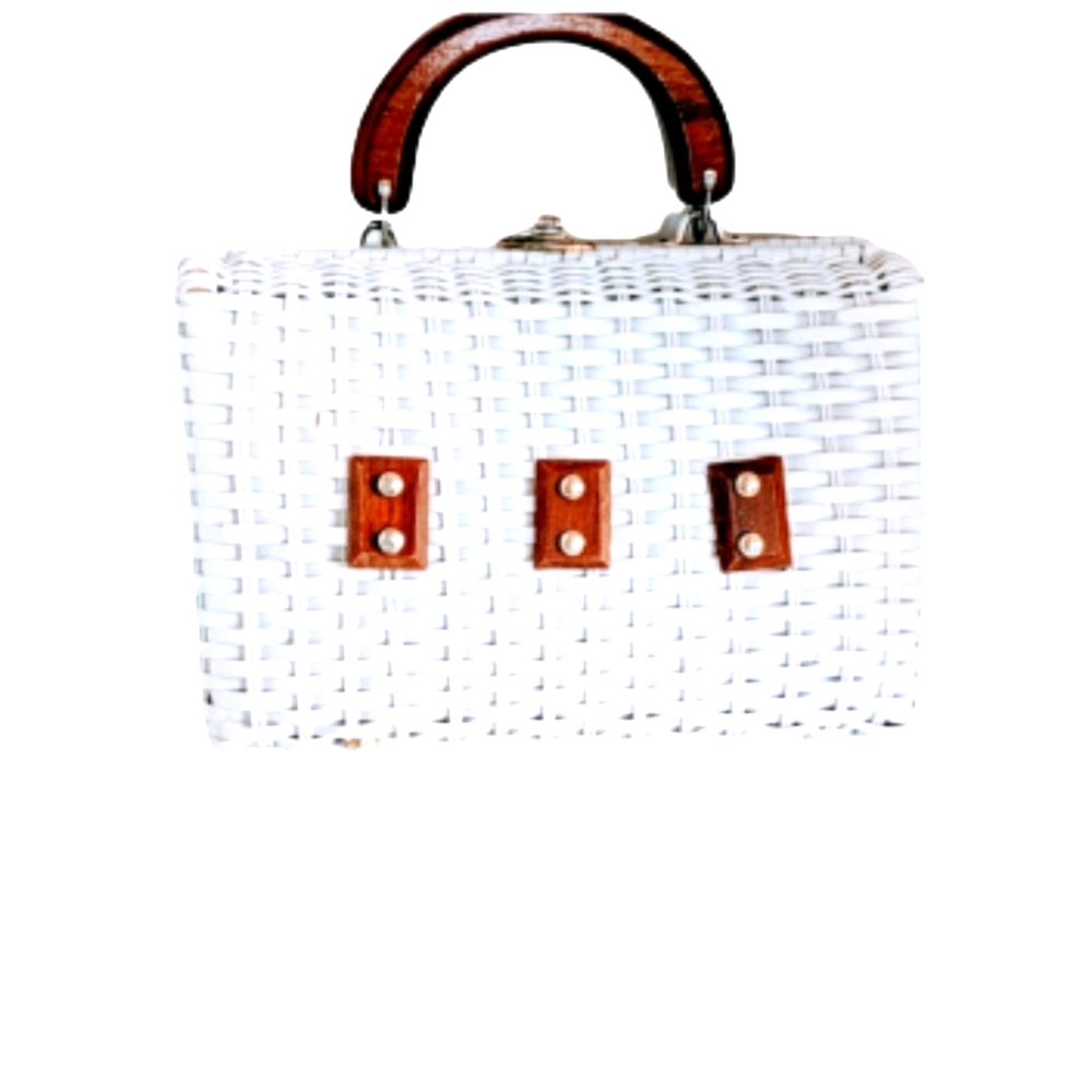 Vintage 50's Wicker Purse Top Handle Wood Japan